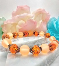 Handcrafted Sea Glass Bracelet, Ladies Stretch Bracelet, Beaded, ORANGE
