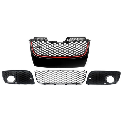 Gloss Black Grille w/Red Trim For VW Jetta Golf MK5 GTI GLI 06-09 Badgeless Mesh - Picture 4 of 15