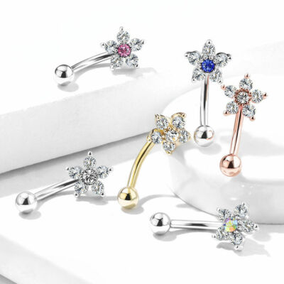 CZ Flower Surgical Steel Curve Barbell Eyebrow Ring Lip Rook Snug Piercing 
