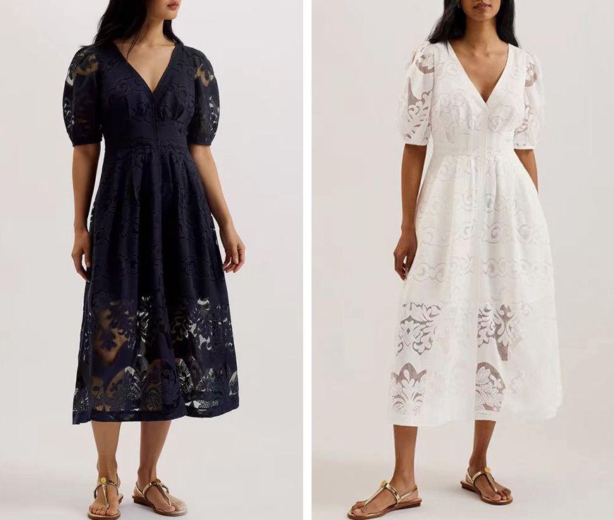Women Ted Baker V-neck Lace Puff Sleeve A-line Midi Dress | eBay