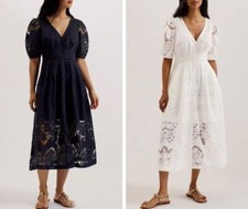 Women Ted Baker V-neck Lace Puff Sleeve A-line Midi Dress