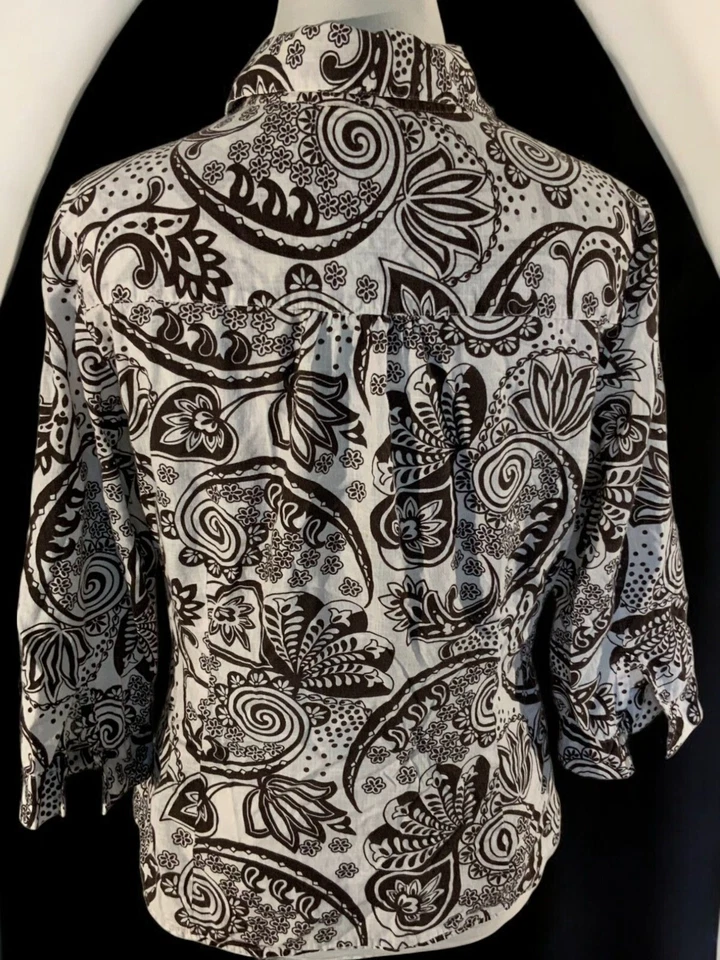 Camisa feminina leve Geoffrey Beene blusa média algodão marrom branco paisley - Imagem 3 de 4