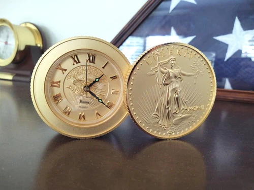 Vintage Bulova Walking Liberty Coin Desk Clock with Travel Alarm