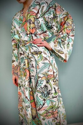 Indian White Floral Printe Cotton Robes Long Kimono Sleepwear Night Kimono Robes