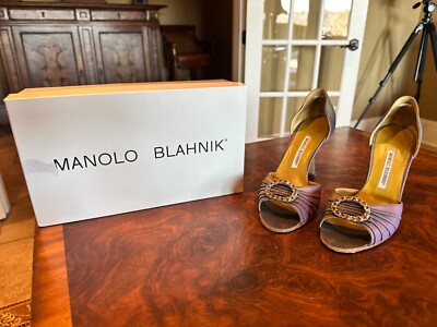 靴 MANOLO BLAHNIK 38 Manolo Blahnik D'Orsay Shoe Open Toe Satin w/ Jewels 38 1/2