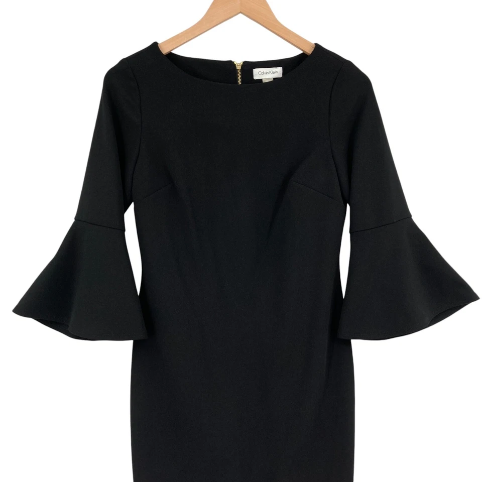 Calvin Klein Sheath Dress Womens Petites 6P Black Bell Sleeve Boat Neck Back Zip - Image 4 of 4