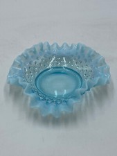VTG Fenton Glass Candy Trinket Dish Aqua Blue Hobnail Ruffled Edge Opalescent