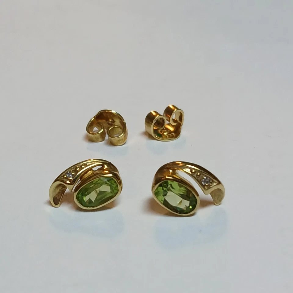 Paar Ohrringe Gold 333 Mit Peridot und Diamanten Ca. 1980er Ungetragen VINTAGE  - Bild 2 von 4