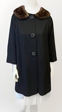 Vintage Mink Collar Black Textured Wool Boucle Swing Coat Size Medium