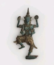 Vintage Thai Buddhist Gilt Bronze Vishnu Figure Statue Ornament On Wooden Base