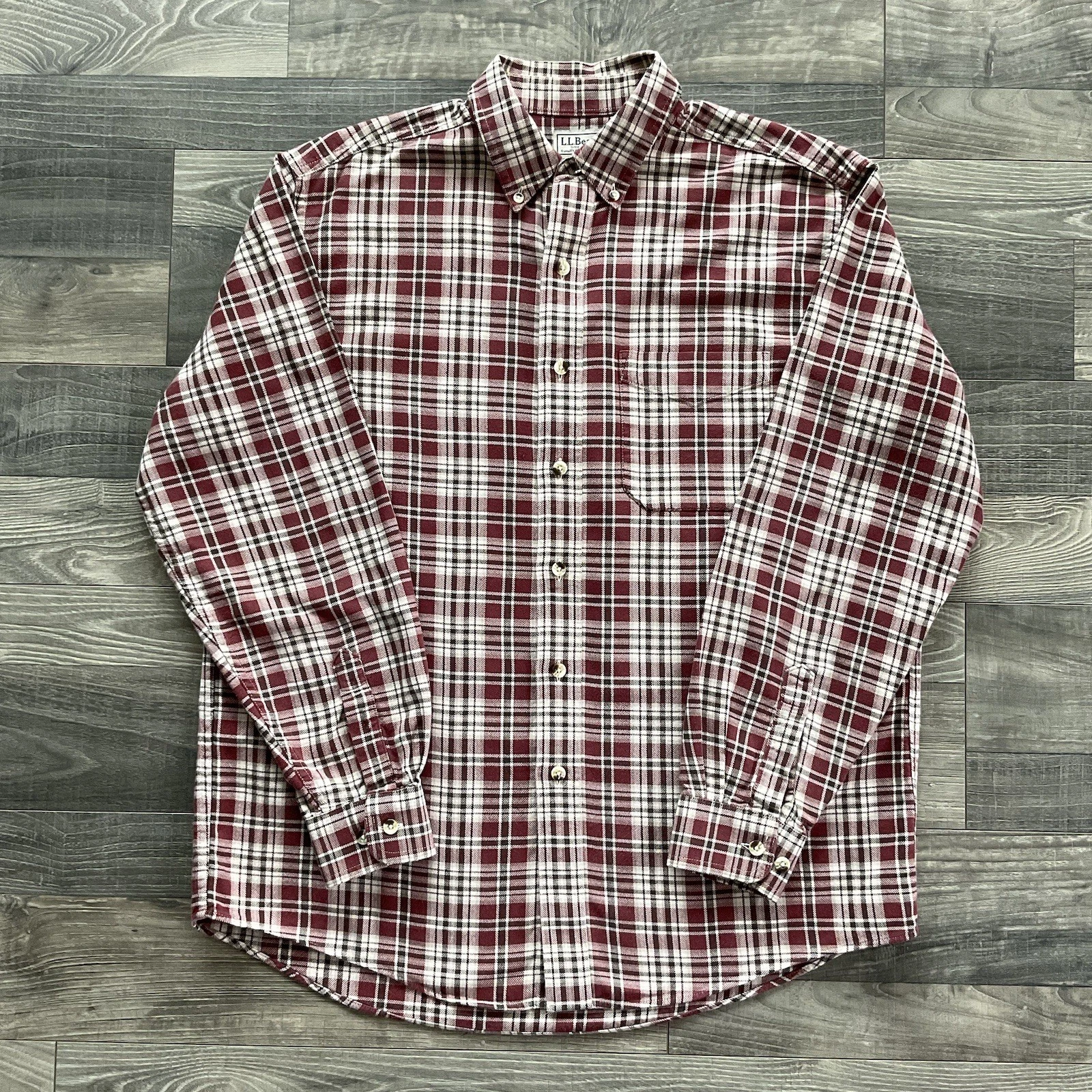 LL Bean Long Sleeve Button Down Flannel Shirt Men MEDIUM Maroon Tan Plaid 0 GPY7