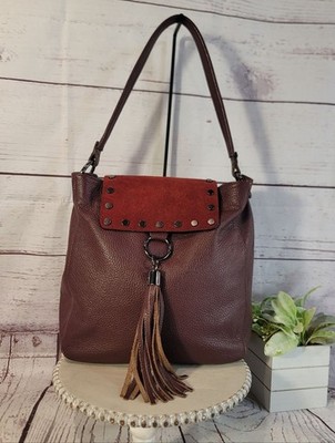 Vera Pelle Genuine Leather Pebbled Tassel Burgundy Shoulder Bag Made In Italy