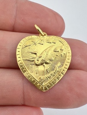 Alter chinesischer 24K Gelbgold doppelseitiger Repoussé Vogel Herz Anhänger 4,3g