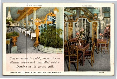 Green's Hotel Philadelphia Main Dining Room & Tea Room Linen Postcard