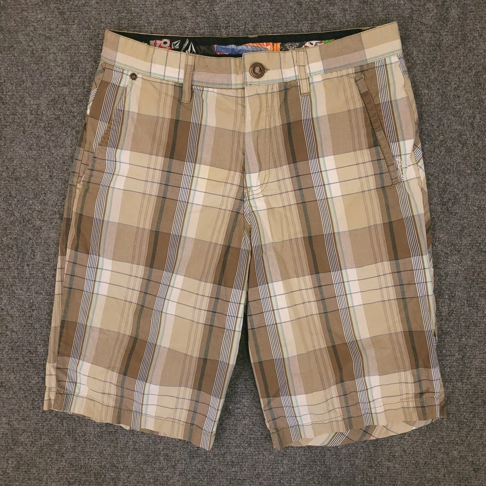 Pantalones Cortos Volcom Beta Para Hombre 30x11 Cuadros Marrón Tostado Chino Patinador Foto 2 de 4
