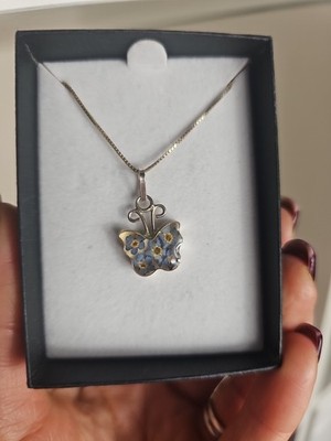 Vergissmeinnicht gepresste Blume Schmetterling 925 Sterling Silber Kette Halskette Damen