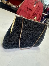 Vintage Black Beaded Clutch Evening Bag Gold Frame Kiss Lock Purse