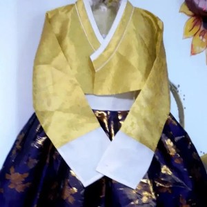 Yellow Jacket + Gold Flower Embroidered Hanbok Skirt