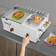 Commercial Double Burner Gas Propane Station w/ Flat Top Griddle & Deep Fryer