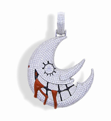 Iced Out Pavé Crescent Moon Charm Pendant Rope Chain Necklace Silver Tone