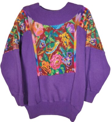 VTG Dona Cristina Hand Woven Artwear Embroidered 80s Mock Neck Sweater Women OS