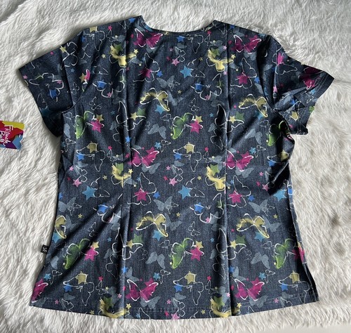 Koi French Bull Scrub Top Women’s XL Blue Lulu Denim Butterfly Nursing Medical - Picture 7 of 12