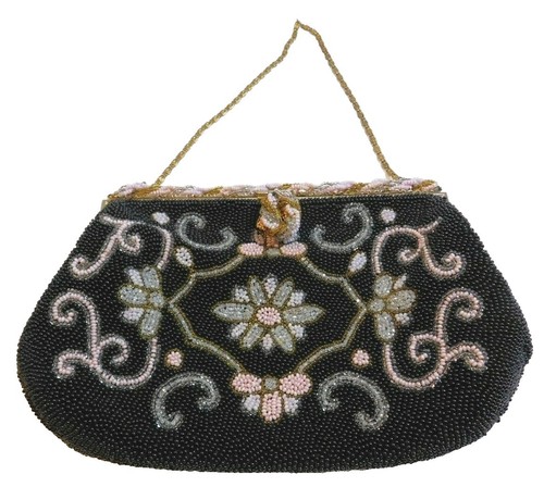 Vintage Hand Beaded Purse in Black & Colorful Roses Gold Tone