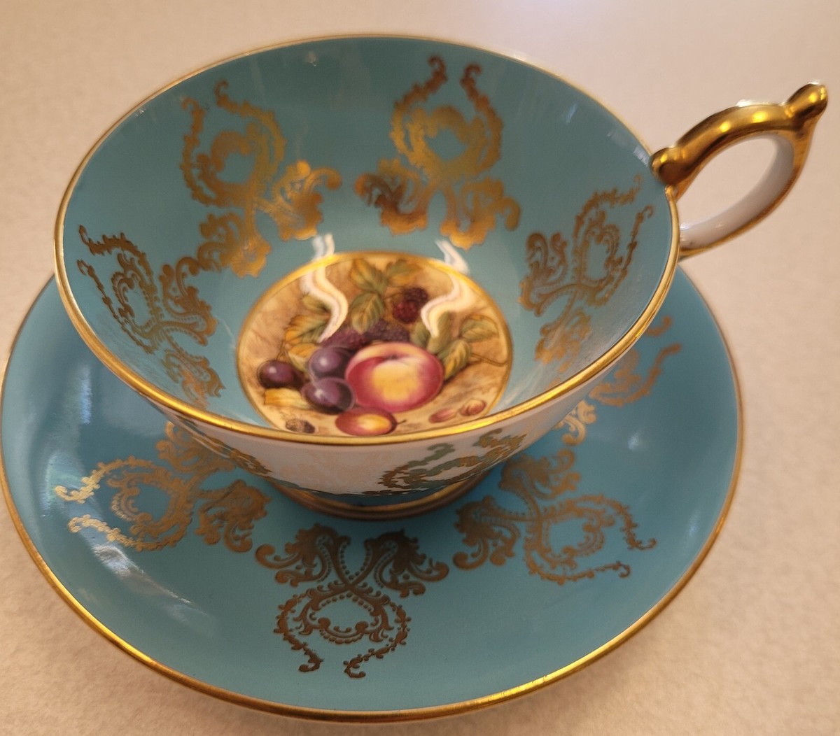 AYNSLEY Tea Cup & Saucer Orchard Fruit # 2832 Turquoise Heavy Gilt
