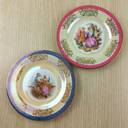 Vintage Ceramic Side Plates Made in Japan Lustre Victorian Couples Pink & Blue - Picture 1 of 7