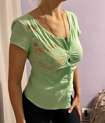 Chemisier, blouse verte menthe coton t 34 dos nue brodé boutons dos nue - Photo 1/4