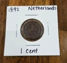 1892 Netherlands 1 Cent Coin KM# 107- Wilhelmina- Rampant Lion- Bronze- Halberd 