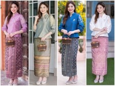 1 set Thai Traditional Dress Blouse Skirt Women Silk Temple Wedding Size M-4XL