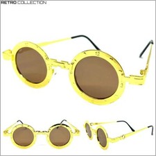 Men's Classic RETRO Cyber STEAMPUNK SUNGLASSES Round Gold Metal Frame Brown Lens