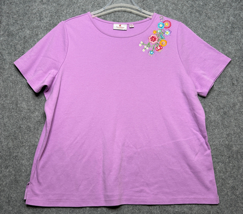 Quacker Factory Shirt Womens 1X Purple Embroidered Flowers Rhinestone Tee Classy - 第 1/14 張圖片