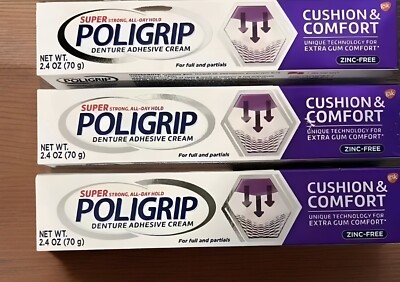 3 Pack Super Poligrip Cushion & Comfort Denture Adhesive Cream 2.4oz