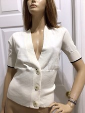 BANANA REPUBLIC IVORY SHORT SLEEVE CARDIGAN SIZE MED V NECK NAVY TRIM NWT