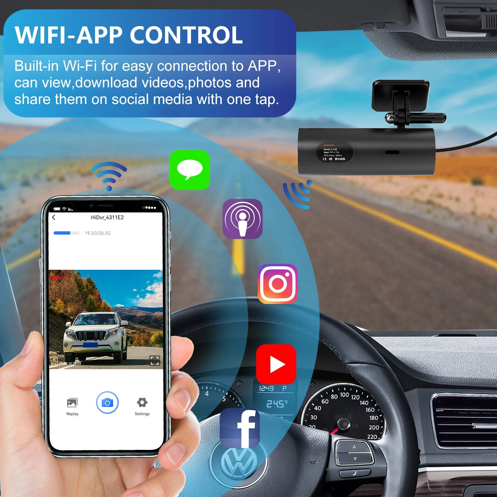 Dash Cam per Auto Telecamera Anteriore e Posteriore WIFI Car Dvr 24H Monitor - Miniatura 2