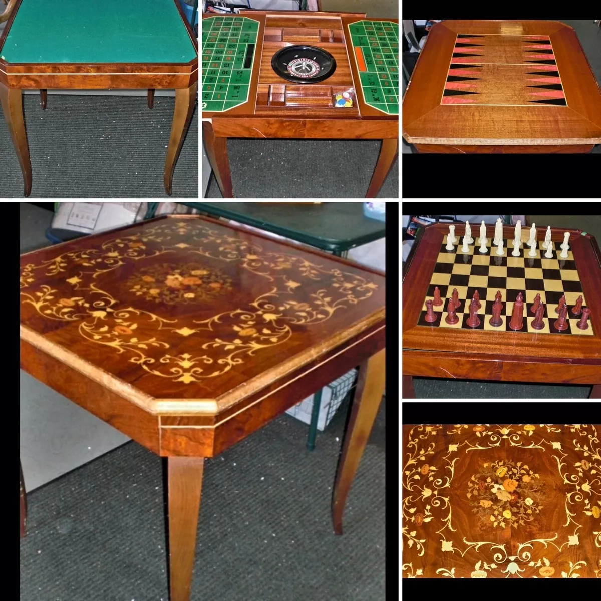 1960s Italian Inlaid Wood Multi Game Table With Roulette, Checkers/Chess,  Backgammon