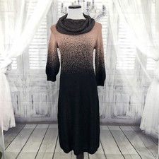 NY Collection Size Medium Black Copper Gold Sweater Dress Cowl Neck Knit Midi B6