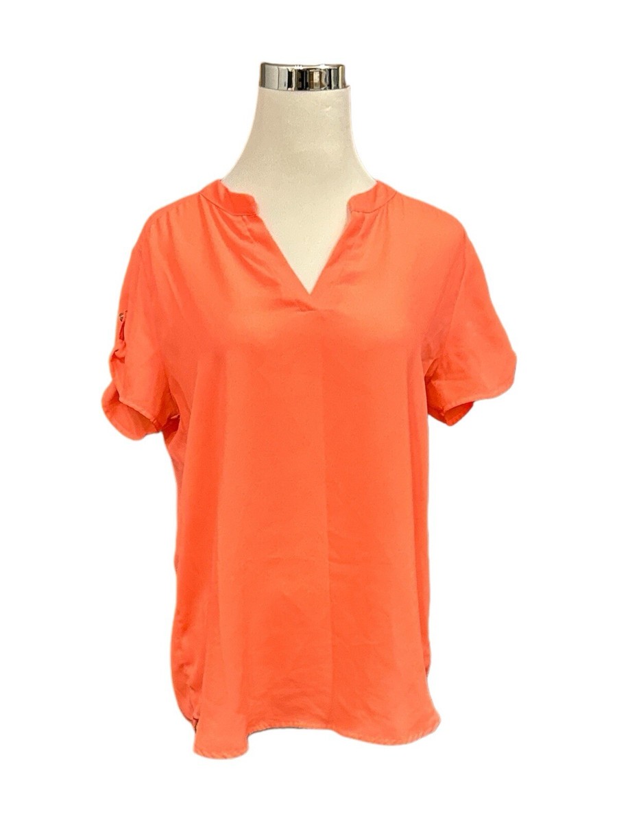 Sweet Rain Chiffon V-Neck Rolled Cuff Women's Top Pink/Orange Med