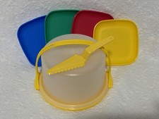 NEW TUPPERWARE Kid's Cake Taker Set - Plates  Pie Cutter - RARE COLORS - Party