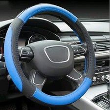 Blue Black 15 38cm Microfiber Leather Car Steering Wheel Cover Anti-slip