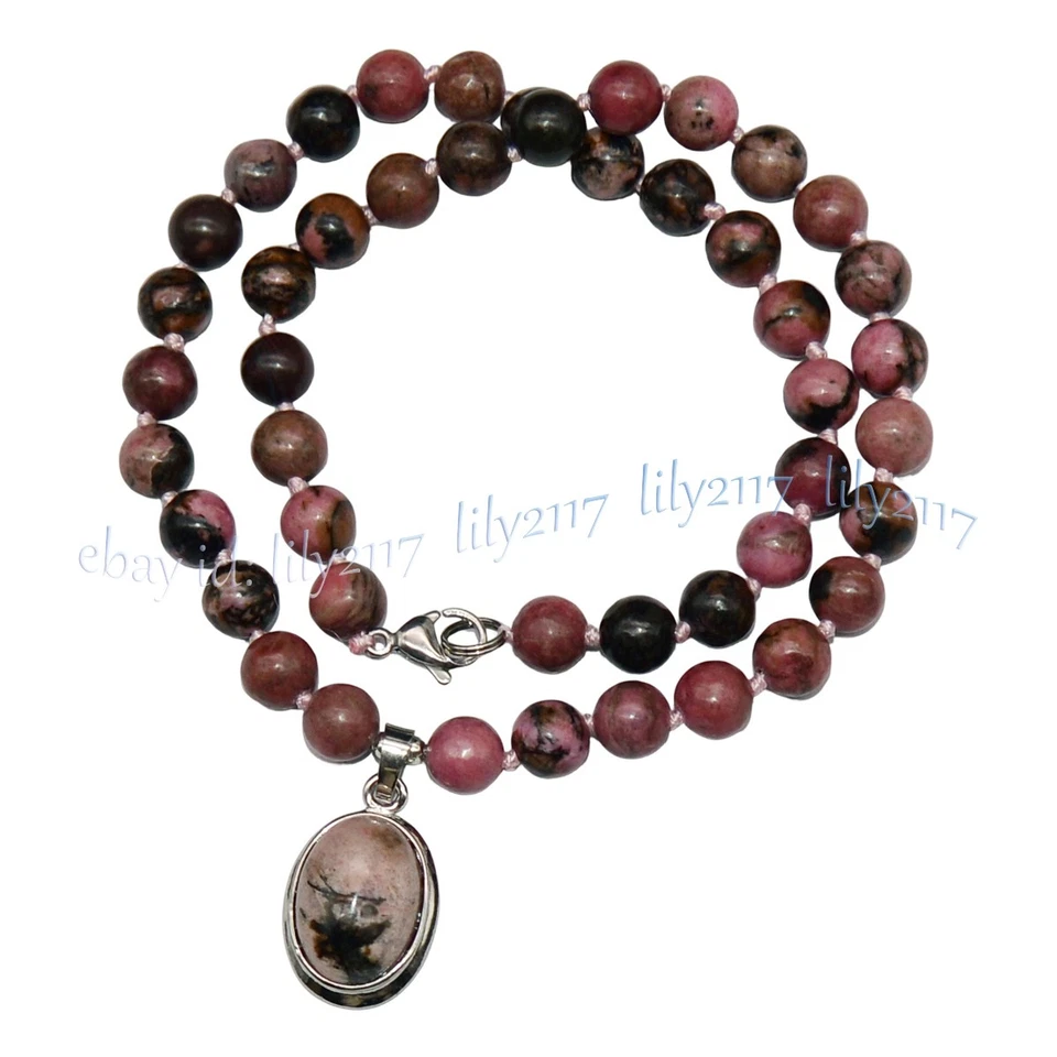 Ожерелье с овальной подвеской из натурального родохрозита круглые бусины 14–32 дюйма 6/8/10 мм - Изображение 2 из 4