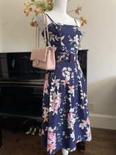 Eliza J 2 navy pink floral midi dress spaghetti strap Wedding a-line blue
