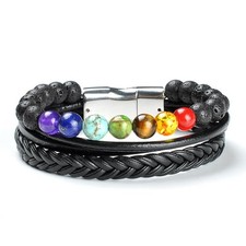 Men Women 8mm Lava Rock Beads Chakra Bracelet Braided Rope set.