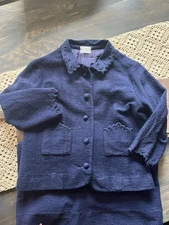 Holt Renfrew Vintage Navy Blue Textured Wool Jacket & Skirt Size 6 Excellent