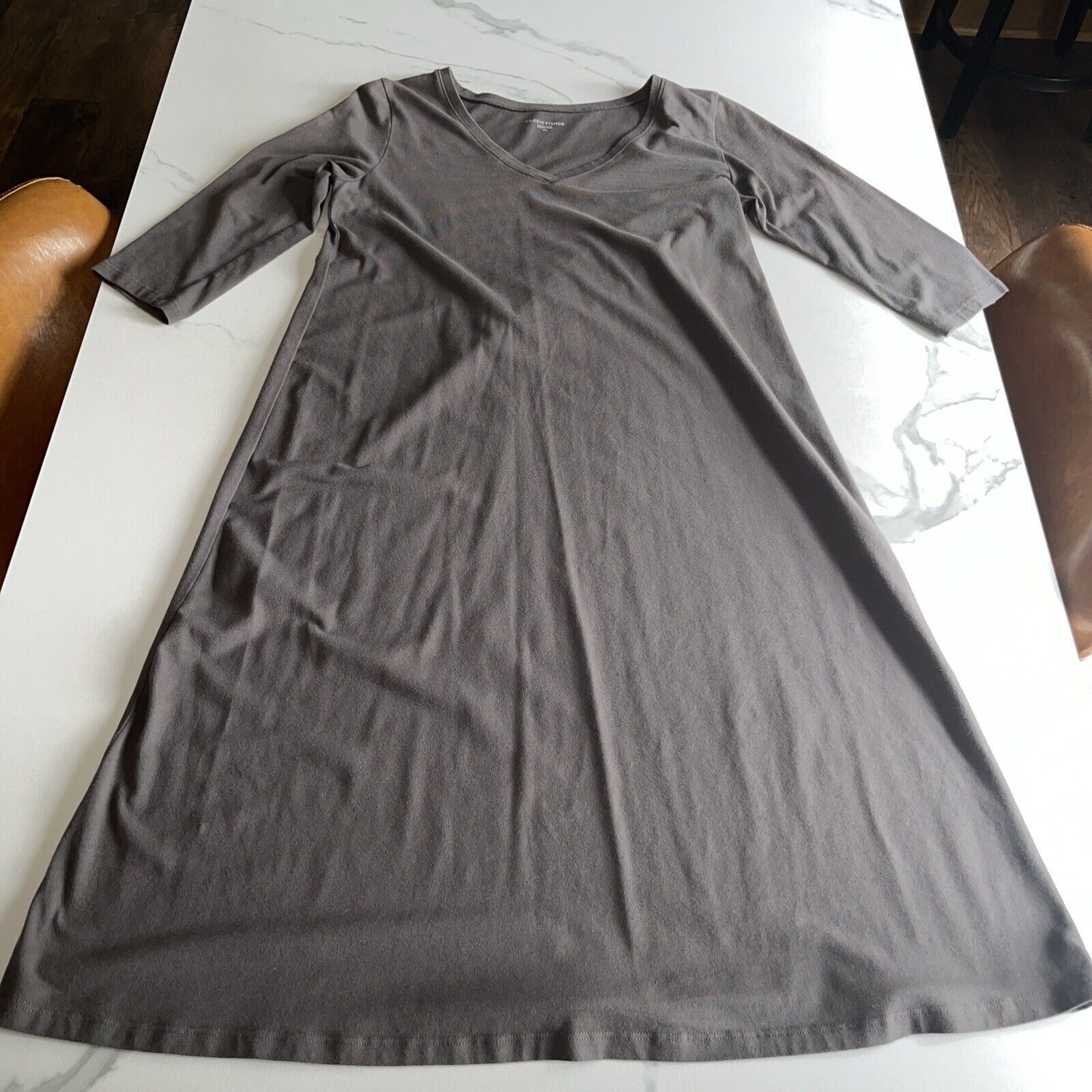 Eileen Fisher XS V Neck Dress Jersey Knit Stretch 3/4 Sleeve Gray Knee Length