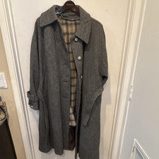 Gray Wool Long Overcoat Belted Plaid Lining W...