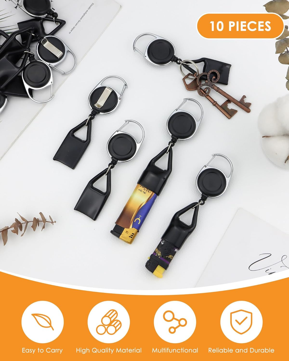 10 Pcs Retractable Lighter Clip Holder Keychain Lighter Leash with Clip (Black)
