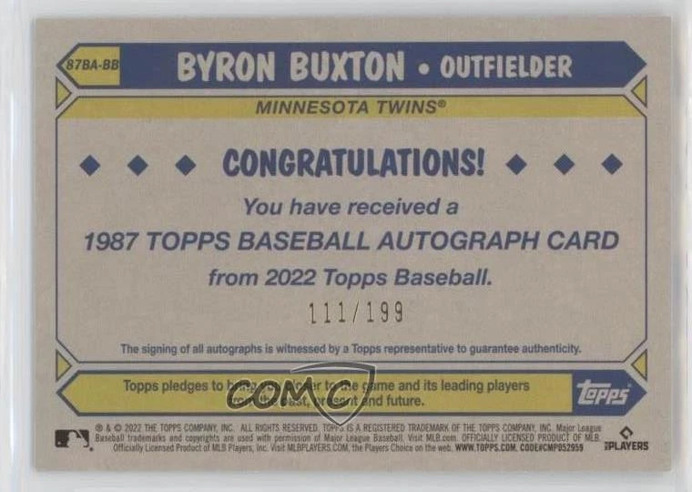 2022 Series 2 1987 Topps Baseball Black /199 Byron Buxton #87BA-BB Auto - Image 2 of 2